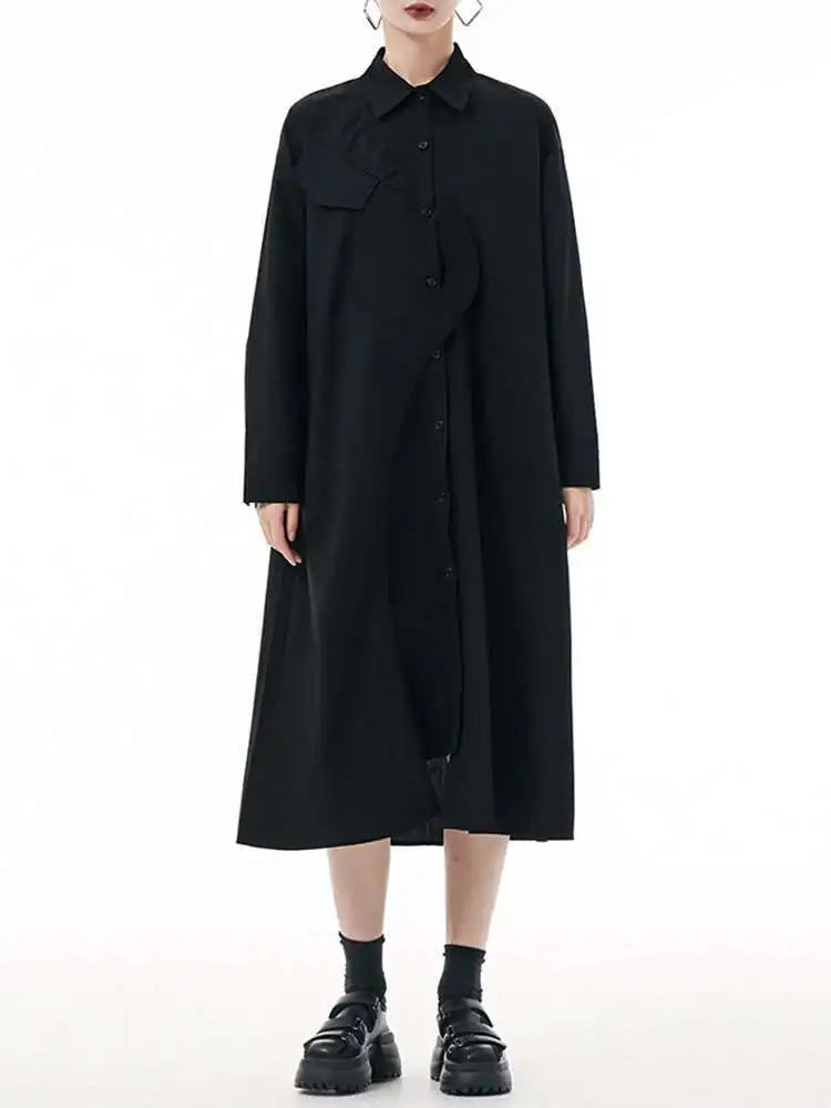 Women Purple Irregular Spliced Big Size Shirt Dress New Lapel Long Sleeve Loose Fit Fashion Spring Autumn 2025 1DH0654