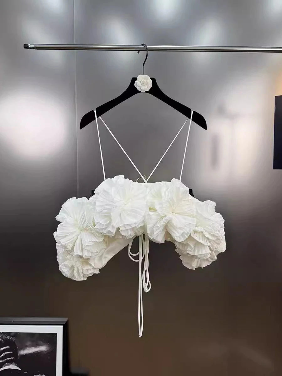 Solid Spliced 3D Flower Temperament Vests for Women Square Neck Off Shoulder Esxy Vest Female Fashion Clothing New