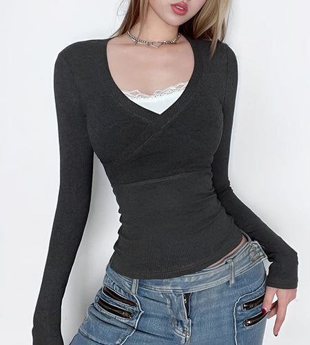 Vintage Patchwork Lace Skinny Autumn Tee Shirt Wrap Korean Fashion Basic Pullover Slim Harajuku T shirt Top Outfits