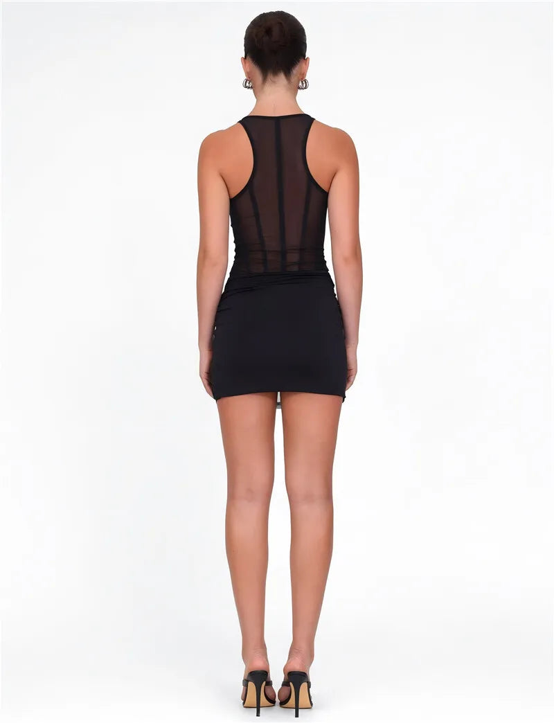Black See Through Mesh Ruched Sexy Mini Dress For Women Robe Summer New Zipper Sleeveless Skinny Draped Club Dress