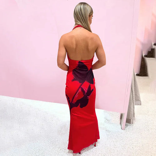 Load image into Gallery viewer, Halter Deep V Neck Printed Maxi Dress For Women Gown Red Off-shoulder Sleeveless Backless Fashion Bodycon Long Dress
