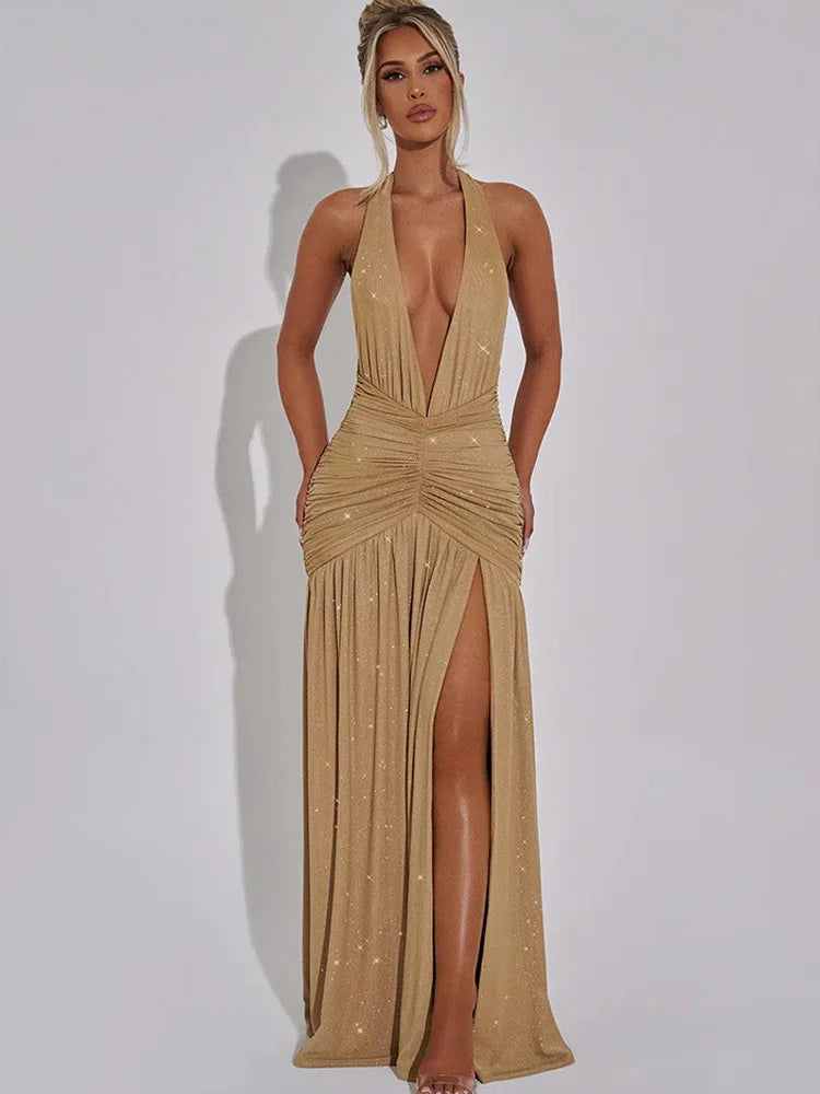 Sexy Sleeveless Backless Shiny Silver Silk Strap Dress For Women Spring 2025 Vestidos Slit Slim Party Evening Dress