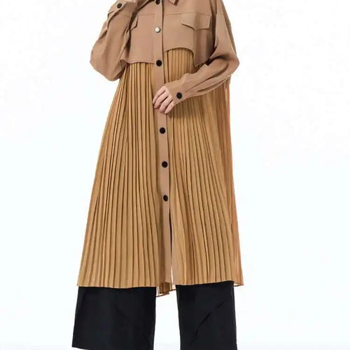 Load image into Gallery viewer, Women Army Green Pleated Spliced Big Size Midi Shirt Dress New Lapel Long Sleeve Fashion Tide Spring Autumn 2025 1DH6927

