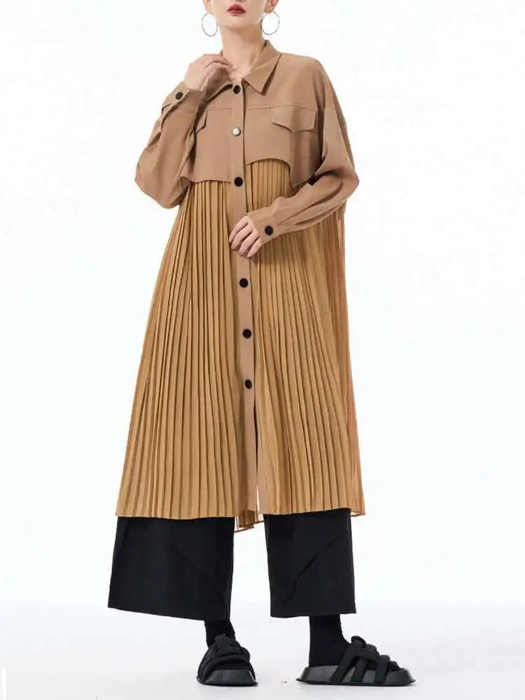Women Army Green Pleated Spliced Big Size Midi Shirt Dress New Lapel Long Sleeve Fashion Tide Spring Autumn 2025 1DH6927