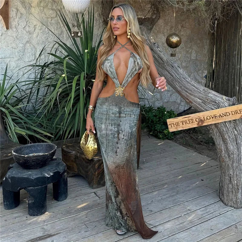 Halter Deep V Neck Print Sexy Maxi Dress For Women Gown Summer New Hollow Out Sleeveless Backless Beach Long Dress