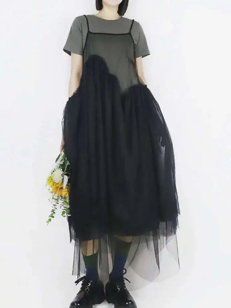 Women Green Mesh Layers Elegant Spaghetti Strap Dress New Square Collar Sleeveless Fashion Tide Spring Autumn 2025 1DJ0363