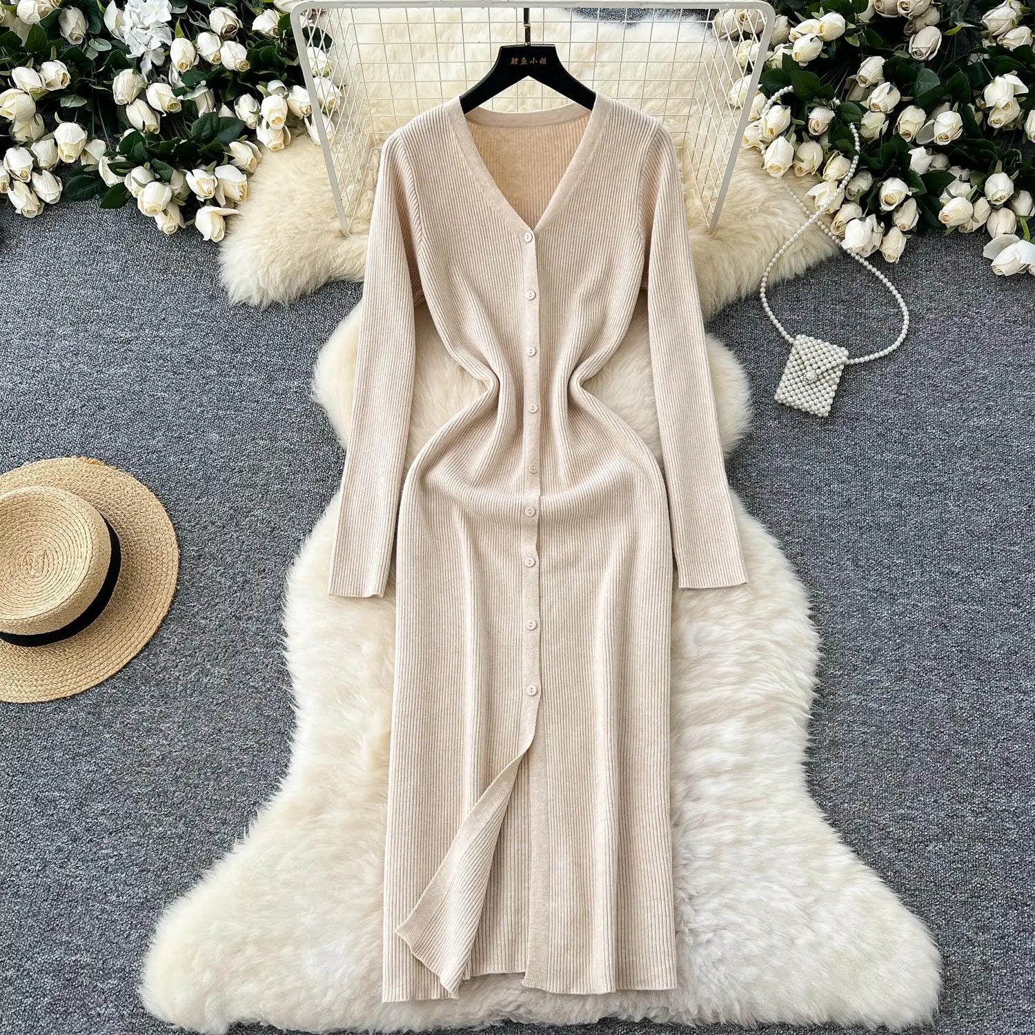 Korean Women Solid V-neck Single Breasted Festival Dresses Autumn Winter Slim Long Sleeve Office Knitted Dress Ladies Simplicity