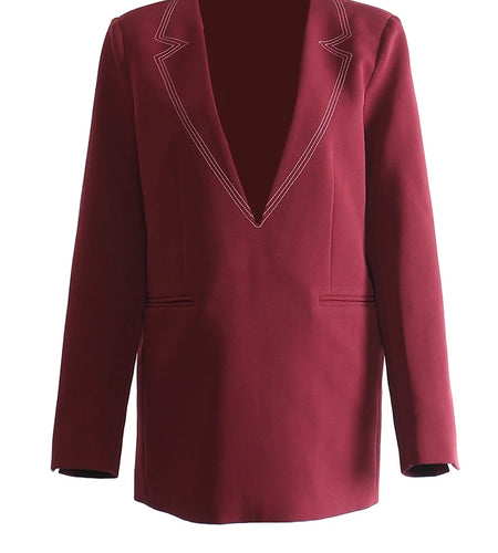 Women Wine Red Topstitched Big Size Elegant Blazer New V-neck Long Sleeve Jacket Fashion Tide Spring Autumn 2025 1DH7919