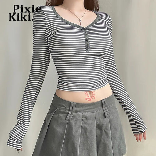 Load image into Gallery viewer, Lace Trim V Neck Long Sleeve Top Casual Gray Striped Print T Shirts Fall Clothes 2024 Women P84-BC12
