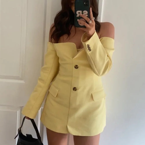 Load image into Gallery viewer, Elegant Long Sleeved Suit Dress Women Button Slim One Shoulder Dress Female Summer New 2024 Sexy Pocket Suit Streetwear
