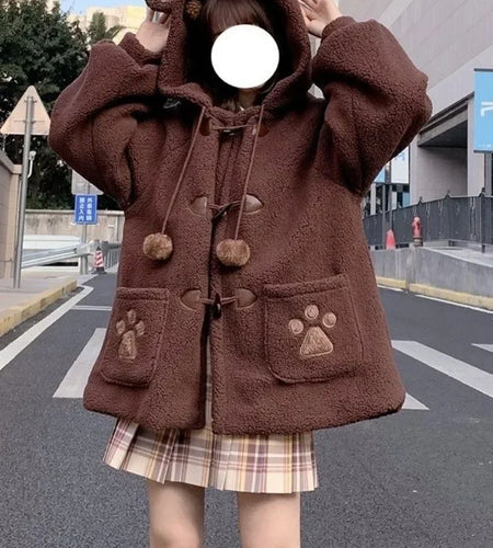 Japanese Style Autumn Winter Women Sweet Lamb Wool Jacket Kawaii Soft Bear Ears Hooded Coats Kawaii Tops Y2k Girls Cute Outwear
