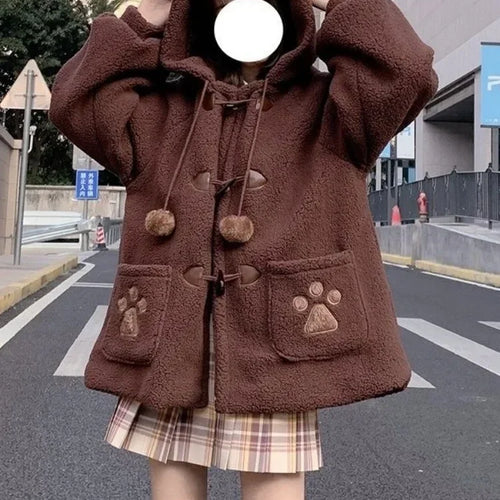 Load image into Gallery viewer, Japanese Style Autumn Winter Women Sweet Lamb Wool Jacket Kawaii Soft Bear Ears Hooded Coats Kawaii Tops Y2k Girls Cute Outwear
