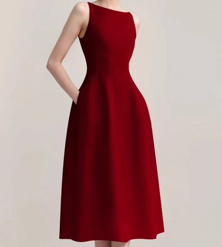 Solid Slimming Spliced Pockets Minimalist Dresses for Women Round Neck Sleeveless High Waist Elegant Dress Female