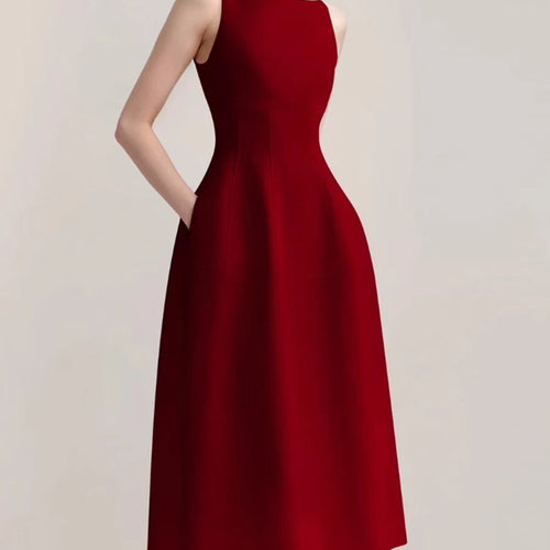 Load image into Gallery viewer, Solid Slimming Spliced Pockets Minimalist Dresses for Women Round Neck Sleeveless High Waist Elegant Dress Female
