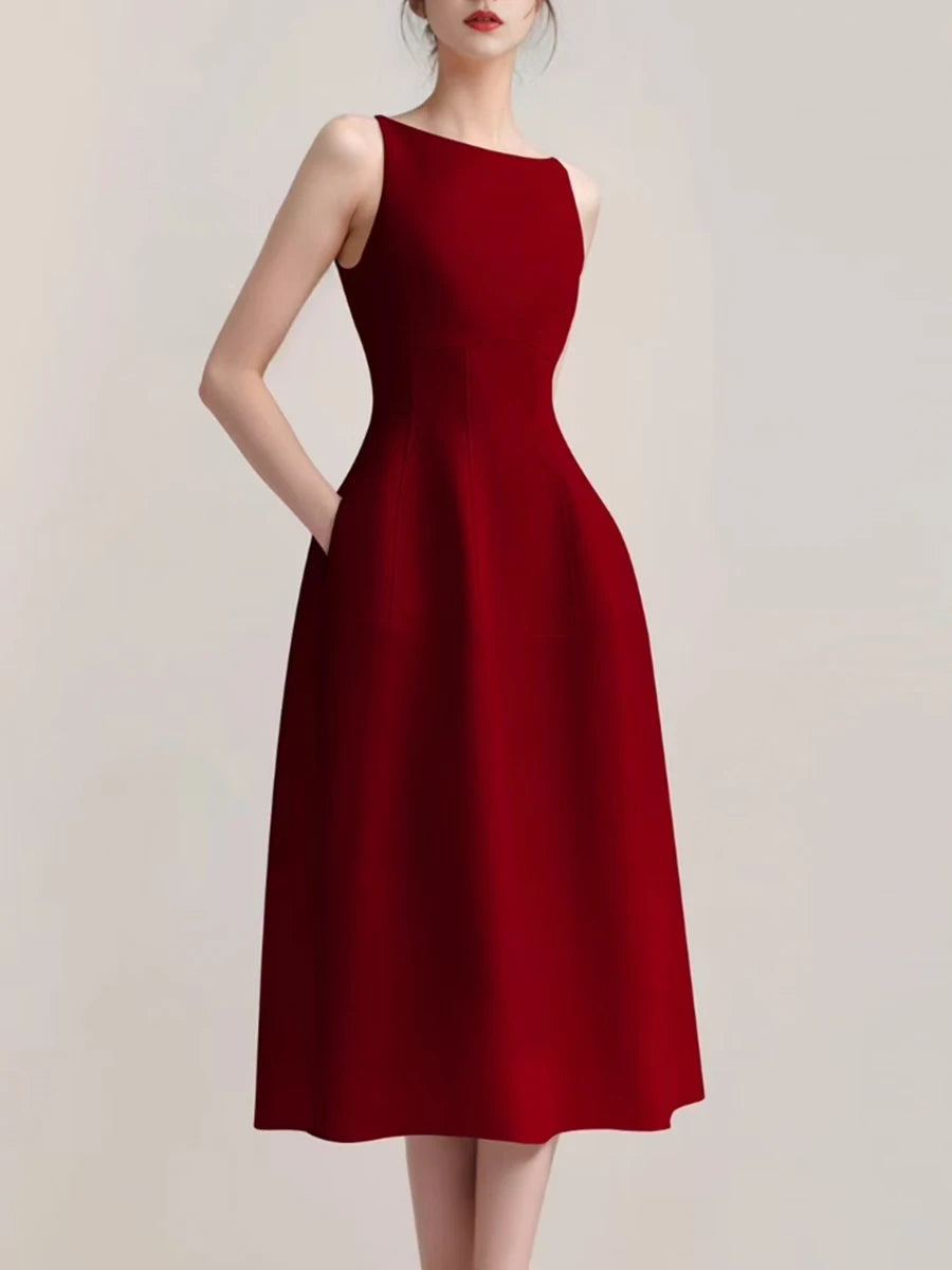 Solid Slimming Spliced Pockets Minimalist Dresses for Women Round Neck Sleeveless High Waist Elegant Dress Female