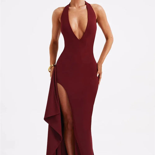Load image into Gallery viewer, Deep V Neck Thigh High Split Maxi Dress Women Halter Sleeveless Backless Bodycon Club Party Sexy Long Dress New

