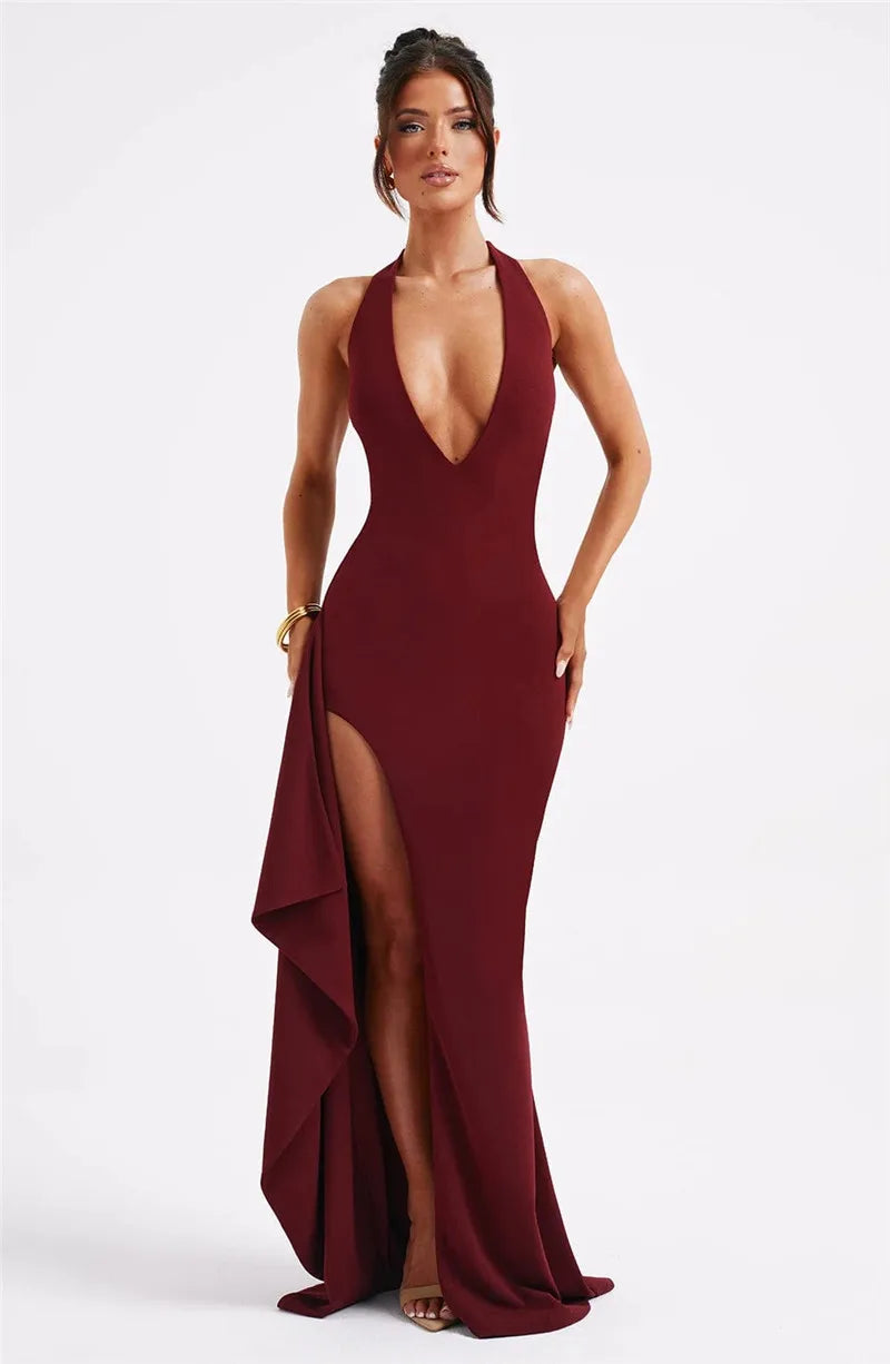 Deep V Neck Thigh High Split Maxi Dress Women Halter Sleeveless Backless Bodycon Club Party Sexy Long Dress New