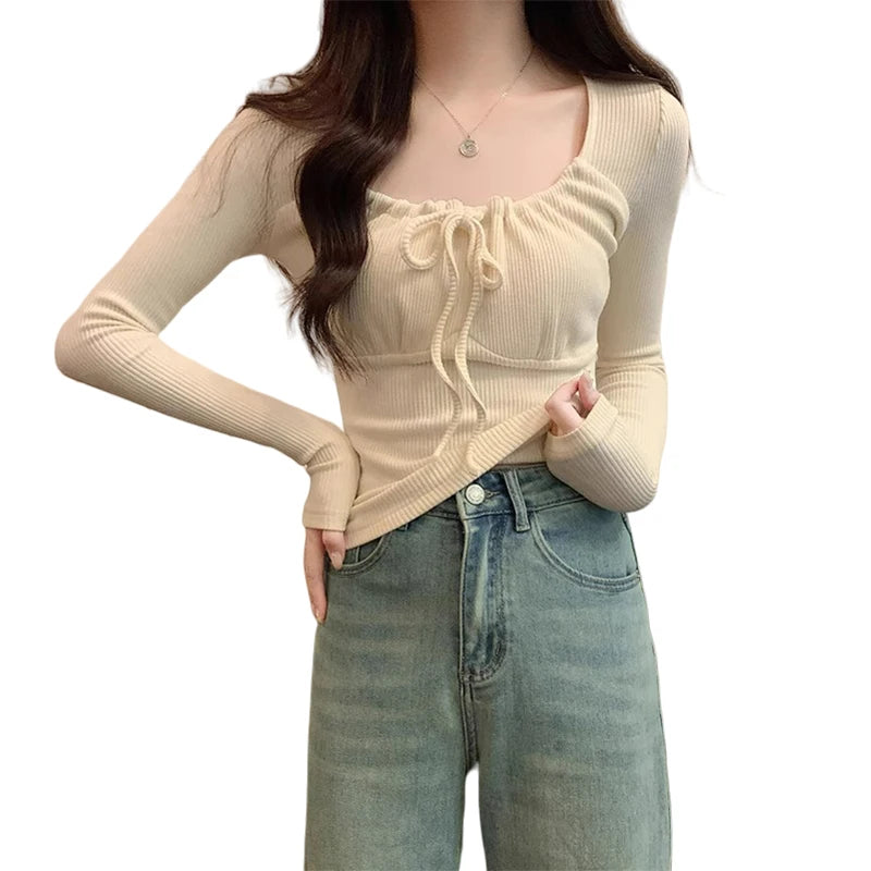 y2k Tops Women Clothes Solid Color Drawstring Chest Long Sleeve Ribbed T Shirts 2000s Aesthetic Clothing Streetwear