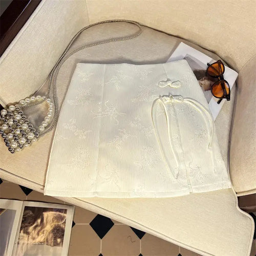 Load image into Gallery viewer, Retro Women's Black Button Up Jacquard Mini Skirts Vintage White High Waist Elegant Chinese Style A-line Short Skirt Summer 2024
