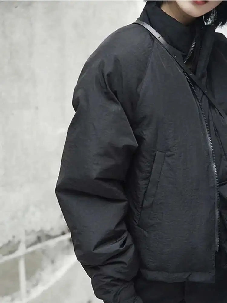 Spring Stand Collar Black Single Pocket Stitch Large Size Warm Cotton-padded Coat Women Jacket Fashion JI51