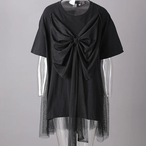Load image into Gallery viewer, Women Black Mesh Bow Spliced Big Size Long T-shirt New Round Neck Short Sleeve Fashion Tide Spring Summer 2025 CPG3032
