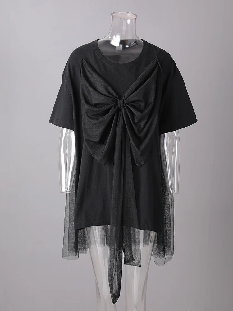 Women Black Mesh Bow Spliced Big Size Long T-shirt New Round Neck Short Sleeve Fashion Tide Spring Summer 2025 CPG3032