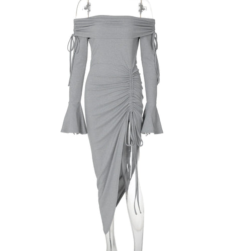 Solid Slash Neck Long Flare Sleeve Skirring Lace Up Irregular Sexy Midi Dress Fall Women Y2K Outfits Birthday Festival