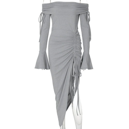 Load image into Gallery viewer, Solid Slash Neck Long Flare Sleeve Skirring Lace Up Irregular Sexy Midi Dress Fall Women Y2K Outfits Birthday Festival
