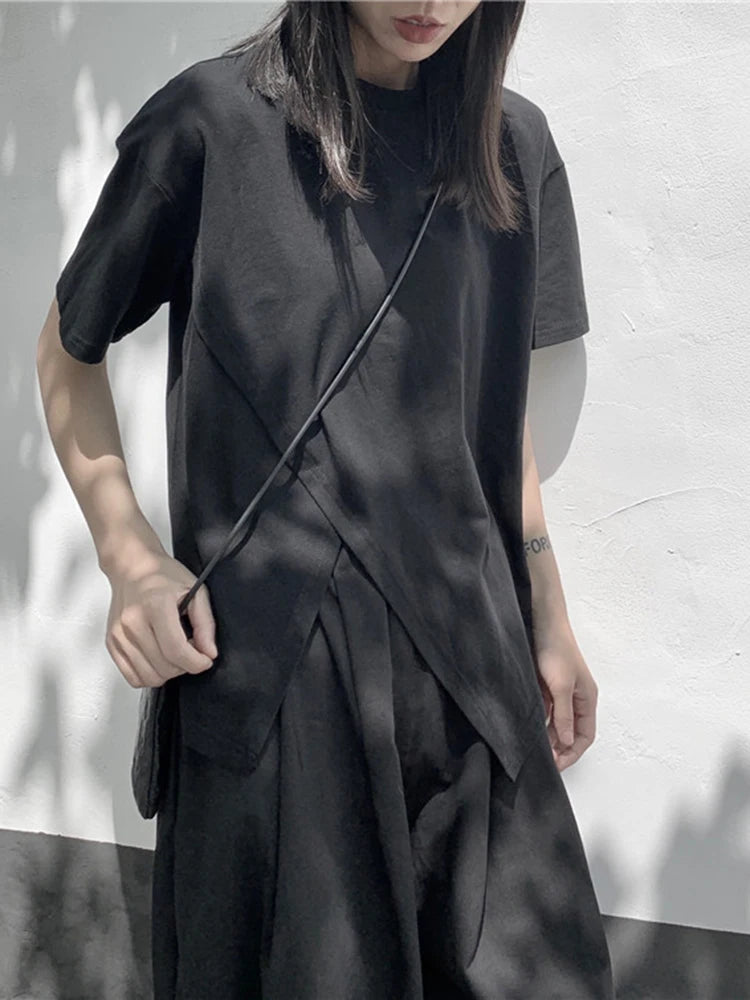 Women White Irregular Slit Hem Big Size Casual T-shirt New Round Neck Short Sleeve Fashion Tide Spring Summer 2025 1DJ1671