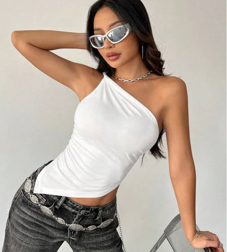 2025 New Fashionable Casual Women's T-Shirt Solid Color Single Shoulder Asymmetrical Slim Fit Top One-Piece Neck