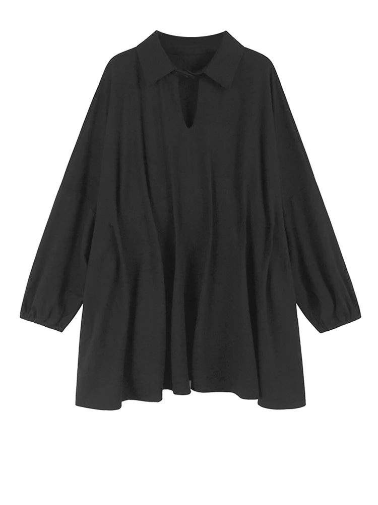 Women Black Pleated Hollow Out Big Size Elegant Mini Dress New V-Neck Long Sleeve Fashion Tide Spring Autumn 2025 1DH9549