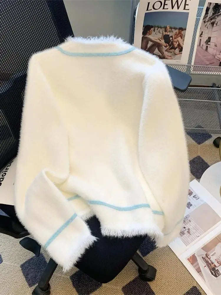 Autumn Winter Pink Blue Patchwork Elegant Button Knit Cardigan Tops Women Korean Fashion V-neck High Street Long Sleeve Sweater