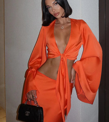 Elegant Satin Long Sleeved Long Skirt Women Set 2024 Women Lace Up Sexy V-neck Low Waist Solid Color Party Club Set