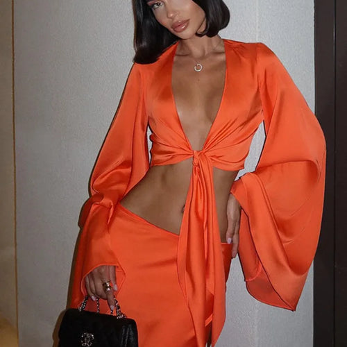 Load image into Gallery viewer, Elegant Satin Long Sleeved Long Skirt Women Set 2024 Women Lace Up Sexy V-neck Low Waist Solid Color Party Club Set
