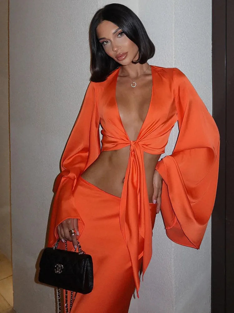 Elegant Satin Long Sleeved Long Skirt Women Set 2024 Women Lace Up Sexy V-neck Low Waist Solid Color Party Club Set
