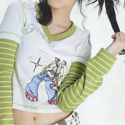 Load image into Gallery viewer, 2025 E-girl Fake Two Piece Striped Patchwork Long Sleeve Tshirts Women Harajuku Cartoon Graphic Tee Y2k Tops Aesthetic T-shirt
