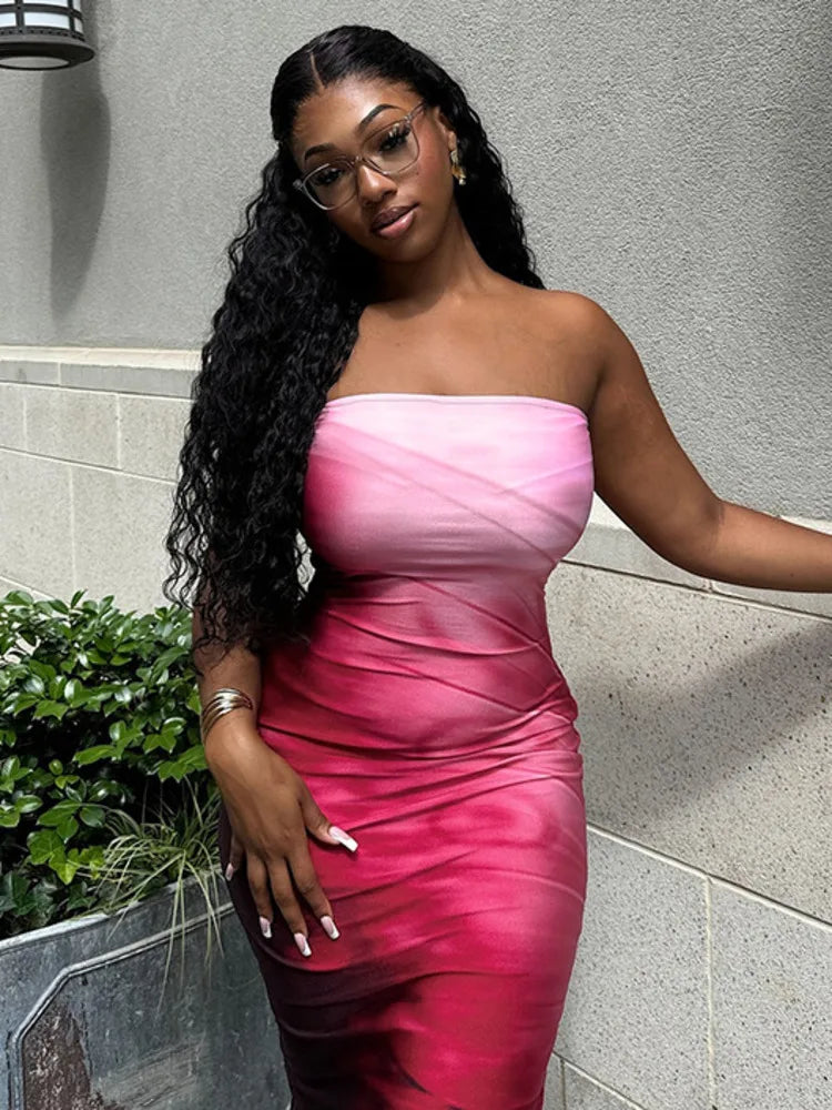 Strapless Print Sexy Midi Dress For Women Fashion Off-shoulder Backless Bodycon Club Party Sexy Long Dress Clubwear