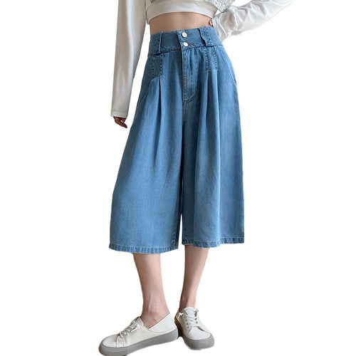 Load image into Gallery viewer, Retro Blue High Waisted Wide Leg Pleated Jeans Women's Spring Summer Loose Straight Seven Point Denim Pants Streetwear Fashion
