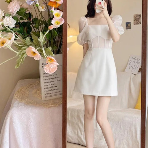 Load image into Gallery viewer, Sexy Lace Mesh White Dress Women Summer Elegant Evening Party Puff Sleeve Short Dresses Sundress Square Collar
