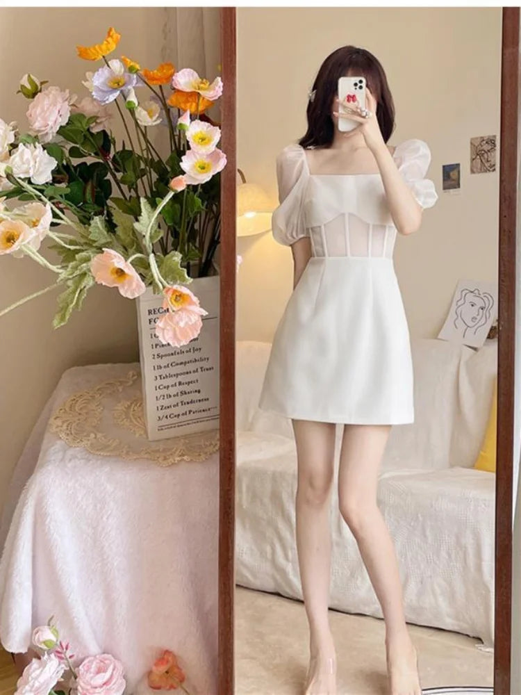 Sexy Lace Mesh White Dress Women Summer Elegant Evening Party Puff Sleeve Short Dresses Sundress Square Collar