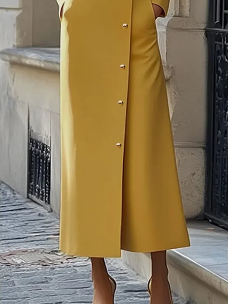 Women's Elegant Gold Long Dresses Spring Summer Single Brewed H-Line Stand Collar Lady Maxi Shirts Dresses