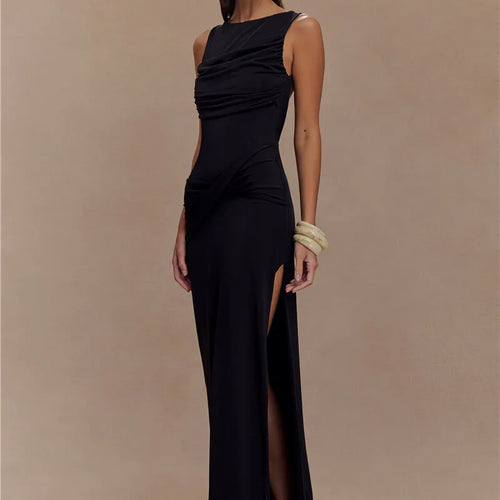 Load image into Gallery viewer, Backless Ruched Sexy Maxi Tank Dress Women Gown Summer New O Neck Thigh High Split Bodycon Elegant Long Dress Fashion
