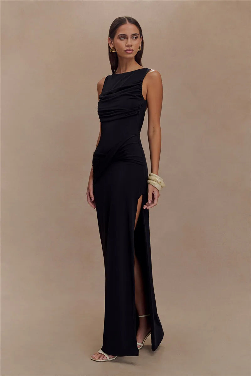 Backless Ruched Sexy Maxi Tank Dress Women Gown Summer New O Neck Thigh High Split Bodycon Elegant Long Dress Fashion