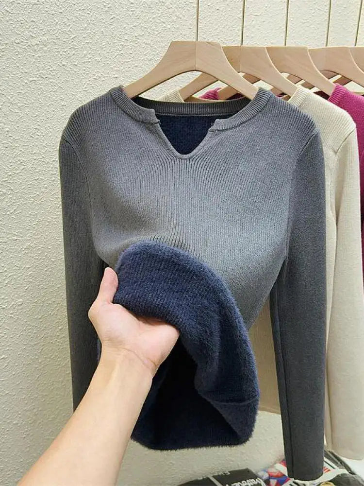 Autumn Winter Korean Fashion Solid V Neck Velvet Knit Crochet Sweater Women Warm Long Sleeve Pullovers Tops Casual Popular Trend