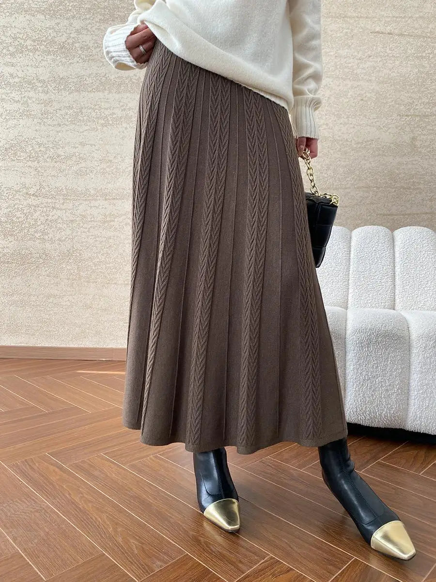 Korean Style Woman Solid New Elegant High Waist Knitted Skirt Autumn Winter Vintage Casual Simple Versatile Festival Party Skirt