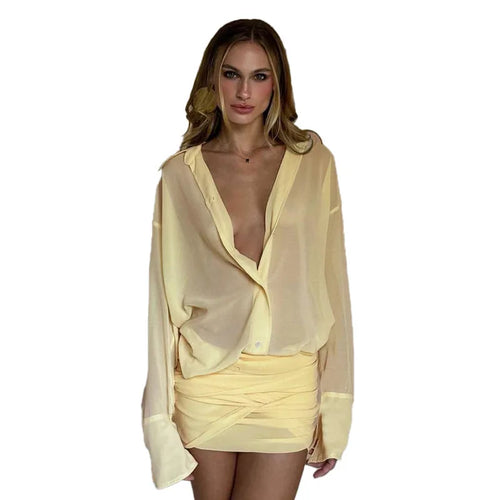 Load image into Gallery viewer, Sexy Long Sleeve Turn-down Colla Bag Hip Strap Shirt Dress For Women See Through Patchwork High Waist Dress Streetwear
