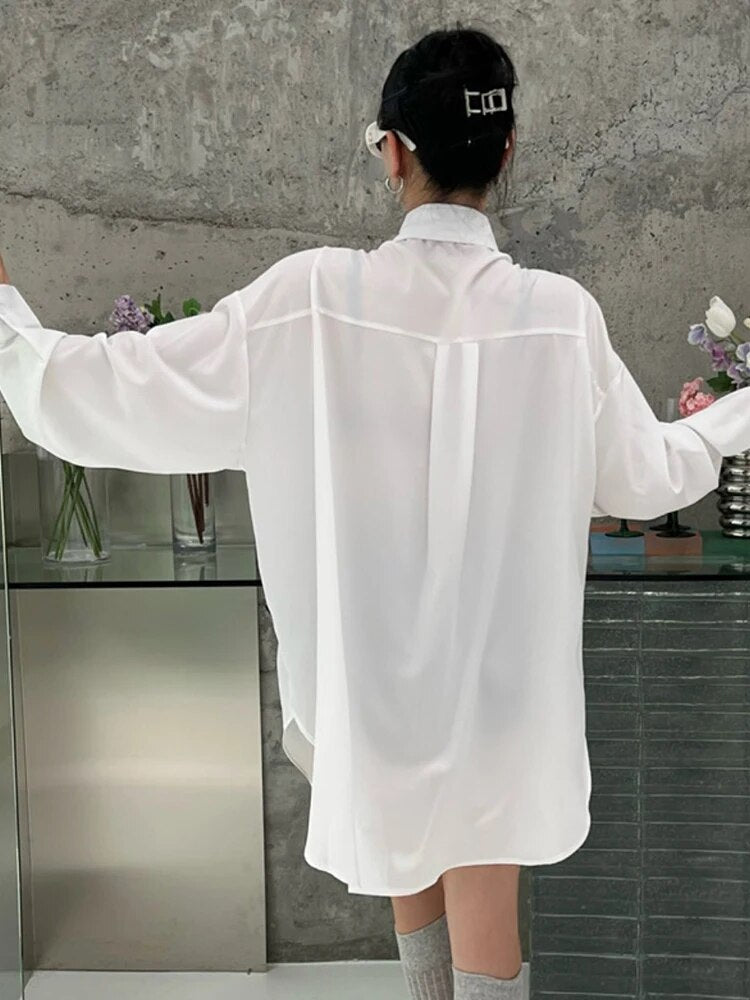 Colorblock Casual Loose Shirts For Women Lapel Long Sleeve Spliced Single Breasted Designer Blouses Female Fashion