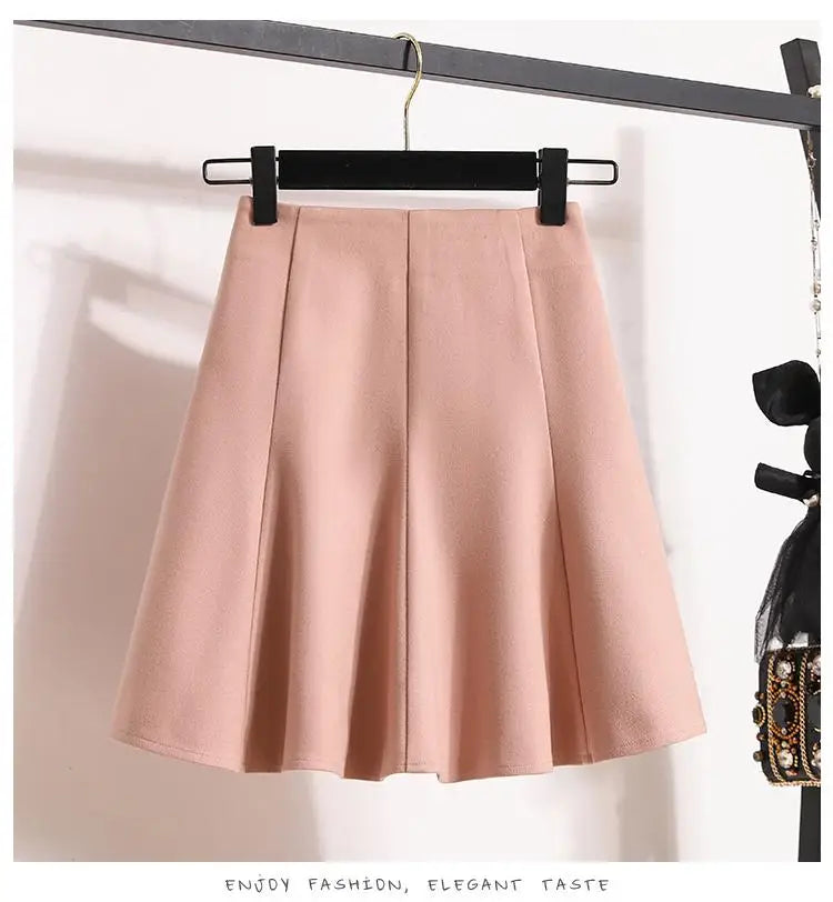 Solid Elegant Zippered Woolen Short Skirt Ladies 2023 Autumn Winter Women's High Waist Korean Plus Size Party Mini Pleated Skirt