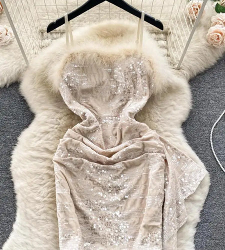 Beige Sexy Club Sequins Furry Slip Dress Black Off Shoulder Backless Fashion Women Slim Autumn Birthday Party Pink Mini Dresses