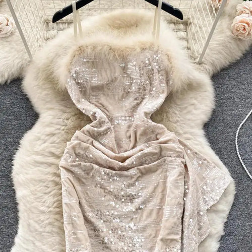 Load image into Gallery viewer, Beige Sexy Club Sequins Furry Slip Dress Black Off Shoulder Backless Fashion Women Slim Autumn Birthday Party Pink Mini Dresses
